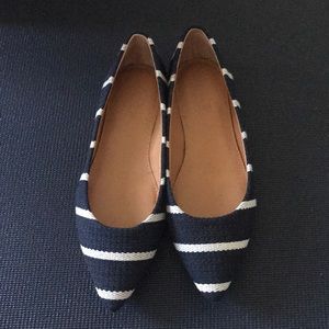 Navy blue and white striped J. Crew flats